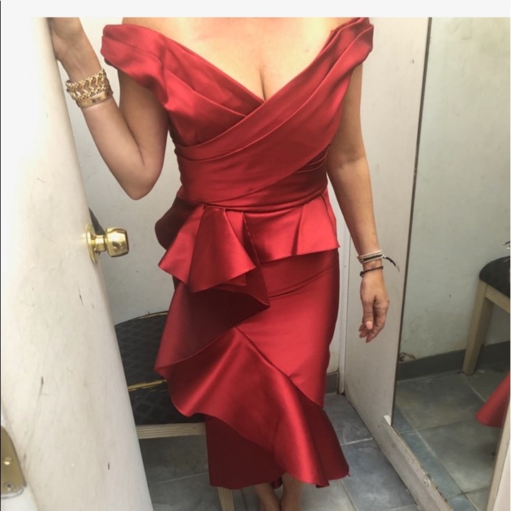 Marchesa off the shoulder red corset dress
